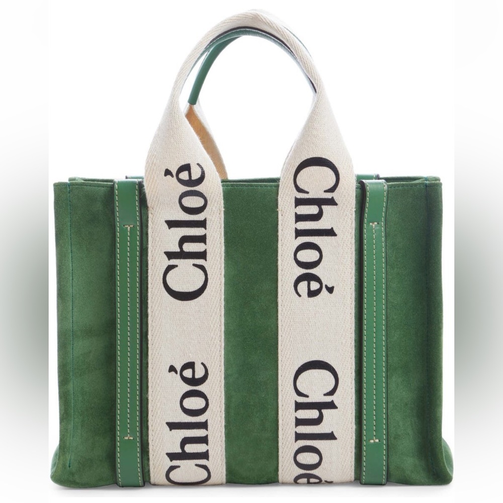 Chloe Mini Woody Logo Strap Suede Tote in green 💚
